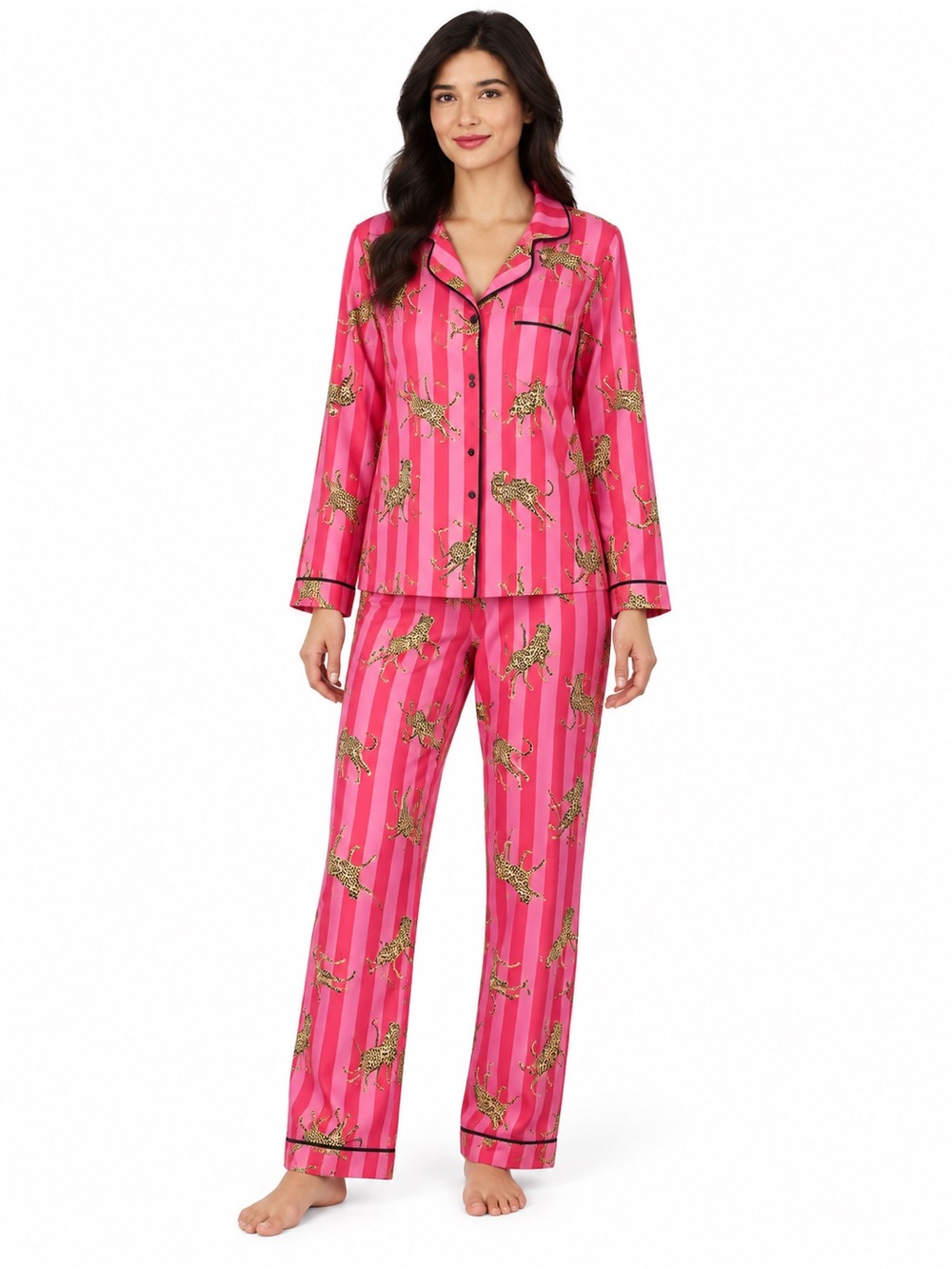 Womens Pink Striped Leopard Print Pajama Set